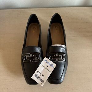 Clarks Black Leather Loafers with Metal Detail
